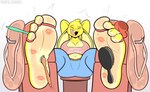 4_toes anthro brush clothed clothing comb_(brush) disembodied_tongue feet female flip_flops foot_fetish foot_lick foot_play footwear hairbrush humanoid_feet kiss_mark laugh licking plantigrade sandals shoes soles tickling toes tongue yellow_body mrvalentim jenn_(zp92) lagomorph leporid mammal rabbit absurd_res hi_res