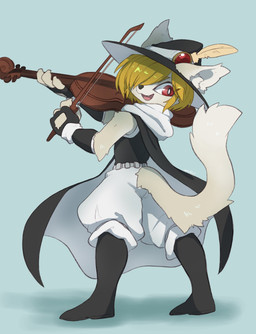 anthro blonde_hair bowed_string_instrument butt butt_pose clothed clothing hair hat headgear headwear looking_back musical_instrument pose red_eyes simple_background solo string_instrument violin mochiri domestic_cat felid feline felis mammal 2019 digital_media_(artwork) hi_res