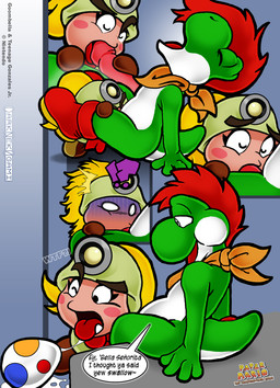 anthro blonde_hair blush blush_stickers bodily_fluids clothing cum cum_in_mouth cum_inside dialogue duo egg egg_from_penis egg_in_mouth egg_insertion emanata erection eyes_closed fellatio female female_penetrated genital_fluids genitals hair hat headgear headwear humor interrobang larger_male licking male male/female male_penetrating male_penetrating_female nipples open_mouth oral oral_penetration orgasm oviposition penetration penile penis penis_lick red_hair sex size_difference smaller_female smaller_penetrated speech_bubble tail text tongue tongue_out yoshi_egg dark_nek0gami mario_bros nintendo paper_mario paper_mario:_the_thousand_year_door goombella the_great_gonzales_jr dinosaur goomba green_yoshi prehistoric_species reptile scalie waddling_head yoshi english_text spanish_text translated
