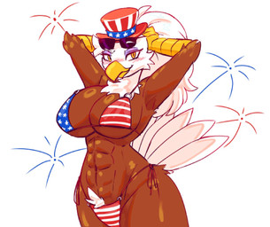 abs american_flag_bikini anthro big_breasts bikini blush breasts brown_body brown_feathers clothed clothing eyeshadow eyewear eyewear_on_head feathers female fireworks flag_bikini flag_swimwear hat headgear headwear holidays huge_breasts looking_at_viewer makeup muscular muscular_anthro muscular_female non-mammal_breasts pose purple_eyeshadow skimpy solo sunglasses sunglasses_on_head swimwear tail tail_feathers top_hat two-piece_swimsuit wearing_sunglasses 87_god 4th_of_july american_eagle accipitrid accipitriform avian bald_eagle bird eagle sea_eagle pinup