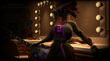 3_fingers anthro arm_feathers arm_tuft avian_caruncle backlighting beak big_breasts breasts clothed clothing electric_guitar feather_hair feathered_crest feathers female fight fingers guitar head_crest holding_guitar holding_musical_instrument holding_object light looking_at_viewer mirror musical_instrument non-mammal_breasts passport plucked_string_instrument pseudo_hair pupils shirt slit_pupils solo string_instrument suspenders text topwear tuft vanity_(furniture) wide_hips yellow_eyes pompilus-sfm pickle_juice_(modeler) halo_(series) les_paul microsoft xbox_game_studios alien avian kig-yar scalie t'vaoan 16:9 3d_(artwork) 4k absurd_res colored digital_media_(artwork) english_text hi_res lighting widescreen
