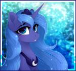 abstract_background blue_border blue_eyes blue_hair border chest_tuft crown eyebrows eyelashes eyeshadow female feral fur hair headgear long_hair looking_at_viewer makeup mascara royalty solo sparkles teeth tuft vird-gi friendship_is_magic hasbro my_little_pony princess_luna_(mlp) equid mammal 2018 absurd_res blue_theme bust_portrait hi_res portrait