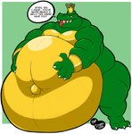 anthro belly big_belly bracelet crown crown_only gold_(metal) gold_bracelet gold_jewelry green_body headgear jewelry male morbidly_obese nude obese obese_male overweight overweight_male solo text a25 c-trigger donkey_kong_(series) nintendo king_k._rool crocodile crocodilian reptile scalie english_text hi_res