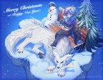 4_toes 5_fingers ambiguous_gender anthro breasts canid canine canis clothed clothing duo etsu_cuprumfox feet female feral fingers fur hair hi_res inanimate_object mammal pawpads red_eyes snow snowing snowman toes white_body white_fur wolf
