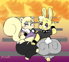 5_fingers alternative_fashion anthro big_butt big_tail black_bottomwear black_clothing black_crop_top black_gloves black_handwear black_pants black_shirt black_topwear bottom_heavy bottomwear buckteeth butt cigarette clothing crop_top duo electronics eyebrows femboy fingerless_gloves fingers fur gloves goth grey_bottomwear grey_clothing grey_eyelids grey_pants half-closed_eyes handwear head_tuft headphones headphones_around_neck heart_nose heart_symbol holding_cigarette holding_object long_ears looking_back male narrowed_eyes navel pants pink_cheeks purple_clothing purple_crop_top purple_eyelids purple_shirt purple_topwear rear_view red_nose shirt shortstack shortstack_male side_view sitting small_tail tail tan_body tan_fur teeth thick_thighs thong thong_straps topwear tuft underwear wide_hips yellow_body yellow_fur bulluppa animal_crossing happy_tree_friends nintendo cuddles_(htf) marshal_(animal_crossing) lagomorph leporid mammal rabbit rodent sciurid tree_squirrel 2025 digital_drawing_(artwork) digital_media_(artwork) english_description hi_res