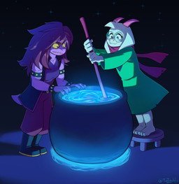 3_toes anthro armor barefoot blue_fire boots bottomwear bovid_horn bracers breasts caprine_horn cauldron clothing coat colored_fire duo eyewear feet female fire footwear glasses goat_horn green_clothing green_coat green_topwear horn jacket male medium_breasts pants plantigrade purple_bottomwear purple_clothing purple_pants scarf shoes staff toes topwear yellow_eyes naughtyjester deltarune undertale_(series) ralsei susie_(deltarune) bovid caprine goat mammal reptile scalie absurd_res hi_res