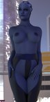 anthro areola big_areola big_breasts blue_body blue_eyes blue_hair blue_skin breasts clothed clothing detailed_background female fingers hair lips looking_aside nipples not_furry pseudo_hair solo standing topless topless_anthro topless_female nyes bioware electronic_arts mass_effect liara_t'soni alien alien_humanoid asari humanoid 2021 3d_(artwork) absurd_res artist_name digital_media_(artwork) hi_res