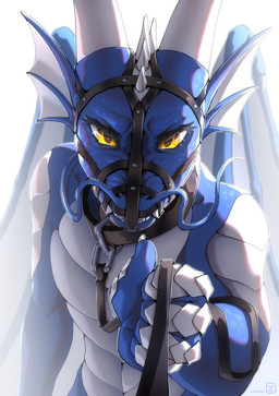 anthro blue_body blue_scales collar dominant evil_look front_view horn leashing_viewer looking_at_viewer male male_anthro muzzle_(object) muzzled scales solo wings yellow_eyes vikavi0122 mythology dragon mythological_creature mythological_scalie scalie absurd_res hi_res