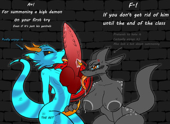 anthro areola ball_lick balls big_balls big_breasts big_penis blue_body blush blush_lines blushing_profusely bodily_fluids breasts choker duo female femboy genital_fluids genitals grey_background grey_body horn huge_penis inverted_nipples jewelry licking male male/female male/male markings necklace nipples oral orange_eyes orange_horn orange_penis penile penis penis_lick piercing precum red_penis saliva scales sex simple_background size_difference spots spotted_body spotted_hips spotted_scales spotted_shoulders tail text tongue jesuscheesus kobold scalie artist_collaboration english_text