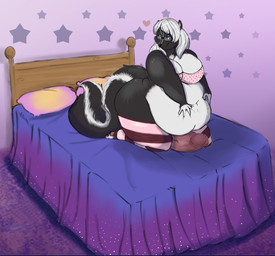 anthro bed bed_sheet bedding bedroom belly belly_overhang big_belly big_breasts big_penis black_body black_fur blue_eyes bottomless bra breasts circumcised cleavage clothed clothing erection eyewear fur furniture genitals glans glasses gynomorph hair hand_on_belly hand_on_own_belly heart_symbol huge_hips huge_penis humanoid_genitalia humanoid_penis intersex kneeling kneeling_on_bed legwear looking_at_viewer multicolored_body multicolored_fur navel obese obese_anthro obese_gynomorph obese_intersex on_bed overweight overweight_anthro overweight_gynomorph overweight_intersex pattern_clothing pattern_legwear pattern_thigh_highs pawpads penis pillow pink_background rectangular_glasses seductive simple_background smile solo star_pattern striped_clothing striped_legwear striped_thigh_highs stripes thick_penis thick_thighs thigh_highs two_tone_body two_tone_fur underwear vein veiny_penis wearing_glasses white_body white_fur white_hair wide_hips squeeeshie mammal mephitid skunk 2014