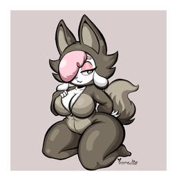 anthro bedroom_eyes big_breasts border breasts cleavage clothed clothing costume female hair kneeling narrowed_eyes onesie pink_eyes pink_hair seductive slightly_chubby solo thick_thighs unzipped white_body white_border wolf_costume zipper promedio chikn_nuggit cofi_(chikn_nuggit) bovid caprine mammal sheep absurd_res hi_res