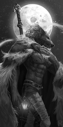 anthro armor cape clothed clothing full_moon fur lamp lantern male melee_weapon moon nipples solo sword topless topless_male weapon neungsonie elden_ring fromsoftware blaidd_(elden_ring) canid canine canis mammal wolf 1:2 absurd_res greyscale hi_res monochrome