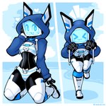 >w< bikini clothed clothing crop_top crossdressing kneeling looking_at_viewer machine male not_furry shirt solo sweatshirt swimwear topwear two-piece_swimsuit baronflint camelot_(baronflint) humanoid robot robot_humanoid 1:1