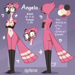 anthro beak breasts eyewear feathers female genitals glasses mostly_nude non-mammal_breasts pink_body pink_feathers pussy solo standing text wearing_glasses barkyeet angela_(barkyeet) avian bird 1:1 2023 english_text hi_res model_sheet