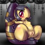 black_hair blush breasts female genitals hair hair_mouth looking_at_viewer nipples open_mouth pussy red_eyes sharp_teeth solo teeth tongue box_xod nintendo pokemon generation_3_pokemon mawile pokemon_(species) 1:1 low_res