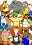 anthro armpit_hair big_muscles body_hair bulge clothed clothing fist_bump gesture group male muscular muscular_male navel nipples simple_background topless white_background wrestling wrestling_briefs wrestling_singlet shiba-kenta daigo_kumano kenta_shiba_(character) kotetsu_oshima takeshi_inoyama bear canid canine canis domestic_dog felid mammal pantherine shiba_inu spitz suid suina sus_(pig) tiger wild_boar