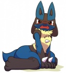 ambiguous_gender anthro biped blue_body blue_fur blush bodily_fluids chest_tuft embarrassed fur genital_fluids looking_at_viewer omorashi open_mouth red_eyes simple_background sitting solo spikes tail tears tuft urine urine_pool rag._(artist) nintendo pokemon canid canine generation_4_pokemon lucario mammal pokemon_(species)