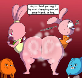 anthro big_butt black_eyes blue_body bodily_fluids bottomless butt clothed clothing ellipsis female group half-closed_eyes huge_butt hyper loli male narrowed_eyes open_mouth orange_body question_mark red_eyes shirt shota speech_bubble sweat sweaty_butt text thick_thighs topwear wide_hips young young_anthro young_female young_male kiranotl cartoon_network chowder_(series) the_amazing_world_of_gumball anais_watterson darwin_watterson gumball_watterson panini_(chowder) aquatic domestic_cat felid feline felis fish lagomorph leporid mammal rabbit absurd_res crossover english_text hi_res