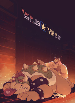 anthro arm_hair blue_shell bodily_fluids body_hair bracelet brown_facial_hair brown_hair brown_mustache chest_hair clothing collar cum duo facial_hair fur genital_fluids hair hat headgear headwear horn jewelry lying male mustache narrowed_eyes nipples nude obese obese_anthro obese_male on_front orange_body orange_fur orange_tail overweight overweight_anthro overweight_male red_clothing red_hair red_hat red_headwear shell short_hair spiked_bracelet spiked_collar spiked_shell spiked_tail spikes spikes_(anatomy) tail tan_body tan_fur tongue tongue_out white_horn chocolateandmilk mario_bros nintendo bowser mario human koopa mammal scalie hi_res