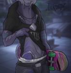 2_fingers anthro belt black_clothing blood blue_blood blue_markings bodily_fluids bottomwear clothed clothing clothing_lift colored_blood denim denim_bottomwear denim_clothing fingers front_view hoodie jeans light markings midriff pants photo_background pose purple_body shirt shirt_lift skateboard skater solo standing topwear torso_shot unusual_blood unusual_bodily_fluids vehicle white_markings wounded raiyk bioware electronic_arts mass_effect fan_character loganhen alien turian 2016 colored digital_media_(artwork) photography_(artwork) shaded signature