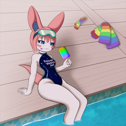 anthro blue_eyes blush breasts clothed clothing dessert eyewear female food goggles hair ice_cream latex multicolored_clothing one-piece_swimsuit pink_hair poolside popsicle rainbow_clothing sitting solo swimming_pool swimwear text text_on_clothing text_on_swimwear water dutchsyndicalist lagomorph mammal 1:1 english_text hi_res