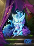 arcane blue_body blue_eyes blue_fur detailed_background eyelashes feral forehead_gem fur gem grass magic neck_tuft plant purple_body purple_fur sitting tuft canid canine fox mammal spirit