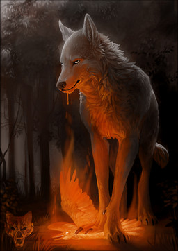 ambiguous_gender black_nose detailed_background duo feral forest fur grass grey_body grey_fur night outside pale_eyes paws plant quadruped solo tree oneminutesketch avian bird canid canine canis mammal wolf 2015 digital_media_(artwork)