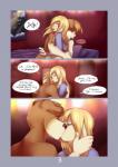 anthro bed blonde_hair blue_eyes canid canine canis clothed clothing comic dialogue domestic_dog duo embrace english_text femboy furniture gesture hair handshake hi_res hug ken_(salkitten) kissing lagomorph leporid male male/male mammal mustachemutt rabbit shou_(salkitten) speech_bubble text window