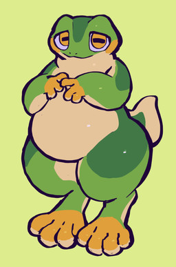 ambiguous_anthro ambiguous_gender anthro belly big_eyes big_feet big_fingers cheek_spots countershade_arms countershade_tail countershade_torso countershading digitigrade feet fidgeting fingers_together glistening glistening_body glistening_skin green_background green_body green_skin hairless hands_together horizontal_pupils looking_at_viewer multicolored_body multicolored_skin overweight overweight_ambiguous pupils scut_tail short_tail shy simple_background smooth_skin solo tail tan_belly thick_neck thick_tail thick_thighs two_tone_body two_tone_skin wet wet_body wet_skin wide_hips yellow_cheeks yellow_eyes yellow_hands yellow_toes serafphim charlie_(serafphim) amphibian frog 2026 full-length_portrait hi_res portrait shaded simple_shading sketch male_(lore)