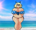 anthro beach big_breasts bikini blue_eyes breasts clothed clothing female horn huge_breasts lake looking_at_viewer skimpy slightly_chubby solo swimwear two-piece_swimsuit cluster-raid deltarune undertale_(series) carol_holiday deer mammal absurd_res hi_res