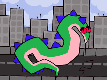 ambiguous_gender back_spikes blue_spikes building city cloud countershade_face countershade_tail countershade_torso countershading day feral green_body legless lidded_eyes macro mouthless outside pink_body pink_countershading pupils red_eyes road sidewalk sky skyscraper slit_pupils solo spikes spikes_(anatomy) street string tail tapering_snout tapering_tail toony summerfruit zim_(just_jace) squirmle 2025 4:3 aliasing digital_drawing_(artwork) digital_media_(artwork) flat_colors gimp_(artwork) hi_res