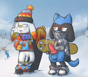 animal_genitalia anthro balls beanie bottomwear bottomwear_down briefs buckteeth cartoon_freckles clothed clothing comparing covering covering_mouth detailed_background duo exclamation_point eyewear freckled_face freckles genitals goggles hand_on_chest hat headgear headwear humanoid_genitalia humanoid_penis knot knotted_penis male male/male outside pants pants_down partially_clothed penis public public_exposure sheath sky snow snowboard snowboarding standing steam steamy_penis teeth underwear unimpressed winter winter_outfit badipoki nintendo pokemon background_character lopalchik_(badipoki) generation_4_pokemon generation_8_pokemon lagomorph leporid mammal pokemon_(species) rabbit riolu scorbunny absurd_res hi_res adult_(lore)
