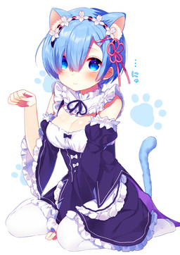 blue_eyes blue_hair blush breasts cleavage clothed clothing dress female hair human_and_animal_ears kneeling legwear maid_uniform multi_ear paw_pose pose simple_background solo thigh_highs uniform white_background mafuyu re:zero rem_(re:zero) animal_humanoid cat_humanoid felid felid_humanoid feline feline_humanoid humanoid mammal mammal_humanoid 2016 digital_media_(artwork) hi_res shaded