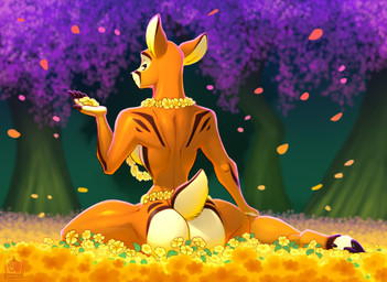 anthro athletic athletic_female back_muscles bedroom_eyes breasts butt clothing detailed_background female flower flower_accessory flower_bed flower_necklace forest hooves looking_at_viewer looking_back narrowed_eyes nude nude_anthro nude_female outdoor_nudity outside petals plant public public_nudity rear_view seductive side_boob sitting sitting_on_ground small_waist smile solo spread_legs spreading tasteful_nudity tree wide_hips juxtapex deer mammal 2025 hi_res