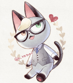 abstract_background anthro biped black_body black_ears black_fur black_nose black_tail blonde_hair bottomless chibi clothed clothing cute_fangs eyewear fangs featureless_crotch feet front_view fur glasses gloves_(marking) green_eyes grey_body grey_clothing grey_fur grey_topwear grey_vest hair heart_symbol heterochromia hindpaw kemono leg_markings male markings monotone_hair multicolored_body multicolored_ears multicolored_fur necktie open_mouth open_smile pawpads paws pink_inner_ear pink_pawpads shirt short_hair simple_background sitting smile socks_(marking) solo tail teeth tongue topwear two_tone_body two_tone_ears two_tone_fur vest white_background white_clothing white_shirt white_topwear yellow_eyes n_kamui animal_crossing nintendo raymond_(animal_crossing) domestic_cat felid feline felis mammal full-length_portrait portrait