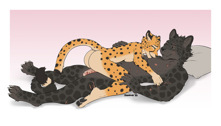 after_sex anthro biped bodily_fluids breasts butt cuddling cum cum_on_penis duo eyebrow_scar eyebrows facial_scar female fur genital_fluids genitals male male/female nipples nude nude_anthro nude_female nude_male penis scar smile spots tail foxovh cheetah felid feline leopard mammal pantherine 2025