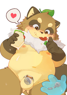 anthro balls blush bodily_fluids broken_key chastity_cage chastity_cage_only chastity_device chastity_device_only eating flat_chastity_cage food genitals heart_symbol holding_food holding_object leaf leaf_on_head male navel nipples nude nude_male penis permanent_chastity_device simple_background slightly_chubby slightly_chubby_male solo speech_bubble sweat tail tongue tongue_out wearing_chastity_cage wearing_chastity_device white_background young young_anthro young_male tongmung24 centraltwig canid canine mammal raccoon_dog tanuki 2026 absurd_res english_description hi_res