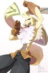 anthro bottomwear cheerful clothing curled_tail fluffy_chest fur gloves handwear happy long_ears male pants ponytail_ears shirtless small_waist smile solo tail yellow_body yellow_fur youzaiyouzai112 bandai_namco digimon digimon_ghost_game digimon_(species) lagomorph leporid mammal rabbit symbareangoramon hi_res