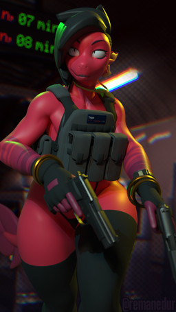 akimbo ambiguous_gender andromorph anthro armor bikini black_hair bottomwear bulletproof_vest clothed clothing dual_wielding gun hair hair_to_side handgun holding_gun holding_object holding_ranged_weapon holding_weapon intersex jewelry legwear micro_bikini necklace open_mouth pistol plate_carrier ranged_weapon red_body solo stockings swimwear tactical_gear tactical_gloves tail teeth text thick_thighs topwear two-piece_swimsuit weapon wide_hips conditional_dnp remanedur remanedur_(modeler) ren_(remanedur) aquatic fish 3d_(artwork) 9:16 blender_(artwork) digital_media_(artwork) hi_res nonbinary_(lore)