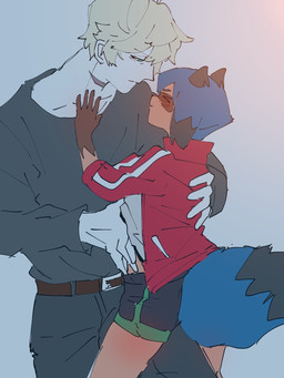 anthro blue_hair blush clothed clothing cuddling duo female fire fluffy fluffy_tail hair hand_under_shirt lying lying_on_top male male/female on_back pale_skin romantic romantic_ambiance romantic_couple size_difference tail i4_kan brand_new_animal studio_trigger michiru_kagemori shirou_ogami canid canine human mammal raccoon_dog tanuki 3:4 hi_res