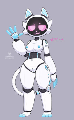 3_toes 4_fingers :3 anthro anthrofied areola arm_tattoo black_face blue_areola blue_clitoris blue_eyes blue_fingers blue_inner_ear blue_mouth blue_nipples blue_nose blue_pawpads blue_toes blue_vulva breasts caution_symbol cheek_tuft clitoris club_arms facial_tuft feet female fingers floating_fingers for_a_head front_view genitals gesture grey_background hindpaw logo looking_at_viewer machine medium_breasts nipples nude pawpads paws robot_joints screen screen_face segmented_body simple_background solo tail tattoo thick_thighs toes tuft vulva waving white_body wide_hips razgrizdl pudu_robotics ka-t bellabot domestic_cat felid feline felis mammal object_head robot robot_anthro screen_head 2025 artist_logo cel_shading full-length_portrait hi_res portrait shaded spanish_description