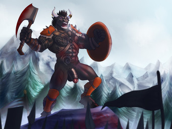 abs accessory anthro armor axe balls banner barbarian battle_axe biceps black_balls black_penis blood bodily_fluids flag forest furgonomics genitals glans greaves half-erect horn horn_accessory hornband humanoid_genitalia humanoid_penis male melee_weapon mostly_nude mountain muscular muscular_anthro muscular_male open_mouth outside pauldron pecs penis pink_glans plant polearm purple_eyes round_shield shield solo spear tree unconvincing_armor warrior weapon marsel-defender bovid bovine cattle mammal 2017 4:3 unavailable_at_source