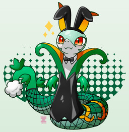 ambiguous_gender anthro blush bow_tie bunny_costume clothing costume fake_ears fake_rabbit_ears fake_tail holidays looking_at_viewer net_stockings simple_background solo sparkles tamix easter nintendo pokemon generation_5_pokemon pokemon_(species) reptile scalie serperior snake digital_media_(artwork) hi_res