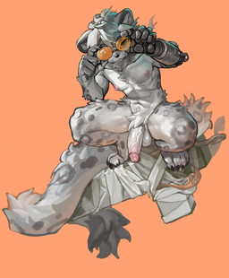 abs anthro balls black_nose black_spots claws cross crouching eyewear finger_claws fur genitals glasses grey_body grey_fur humanoid_genitalia kemono looking_at_viewer male nipples nude nude_anthro nude_male penis robotic_arm simple_background solo spots tinted_glasses toe_claws jyhls felid mammal pantherine snow_leopard absurd_res hi_res