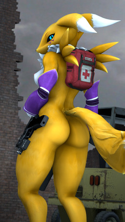 anthro arm_warmers_only black_sclera blue_eyes breasts butt female first_aid_kit fluffy fluffy_tail fur gun looking_at_viewer looking_back looking_back_at_viewer medical_instrument multicolored_body multicolored_fur nipples nude ranged_weapon rear_view scientific_instrument solo tail two_tone_body two_tone_fur weapon white_body white_fur yellow_body yellow_fur margevonn warfaremachine_(modeler) bandai_namco digimon hasbro left_4_dead_(series) valve valve_corporation canid digimon_(species) mammal renamon 3d_(artwork) 4k 9:16 absurd_res digital_media_(artwork) hi_res source_filmmaker_(artwork)