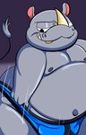 anthro belly bulge clothing grey_body horn male navel nipples overweight overweight_male smug solo underwear undressing chonkymouse tepigfan101 rhocky_the_rhino_(the_big_kids) mammal rhinoceros artist_collaboration hi_res