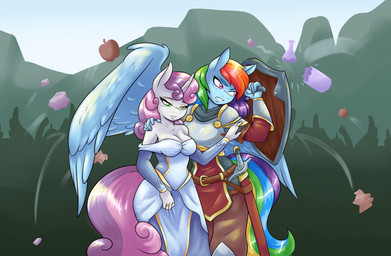 aged_up anthro anthrofied apple armor bare_shoulders belt bottle breasts cleavage clothed clothing container dress duo_focus eyelashes eyeshadow feathered_wings feathers female food fruit fully_clothed green_eyes group hair hand_on_shoulder horn makeup melee_weapon multicolored_hair multicolored_tail pink_eyes plant rainbow_tail shield sword tail two_tone_hair weapon wings ambris friendship_is_magic hasbro my_little_pony mythology rainbow_dash_(mlp) sweetie_belle_(mlp) equid equine mammal mythological_creature mythological_equine pegasus unicorn 2018 absurd_res digital_media_(artwork) hi_res