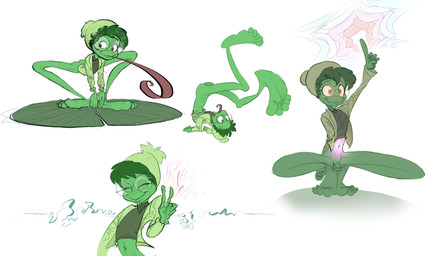 anthro balls beanie big_eyes big_feet bottomless butt clothed clothing eyewear feet fingers genitals gesture glasses green_body green_hair green_skin hair hand_gesture hat headgear headwear jacket lily_pad long_legs lying male navel on_back penis plant slim spread_legs spreading sweater toes tongue topwear turtleneck v_sign anonymous_artist some_frog_you_keep_seeing_in_your_detox_induced_dreams_(character) amphibian frog absurd_res hi_res