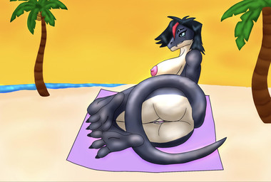 barely_visible_genitalia barely_visible_vulva beach_towel bionics breasts butt claws cybernetics fangs feet female foot_focus genitals hair machine nipples soles solo tail teeth toe_claws towel vulva grovedev xforthelulzx snavl reptile scalie snake hi_res shaded