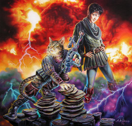 ambiguous_gender anthro belt black_hair boots brown_body brown_fur clothing cloud duo electricity footwear fur gun hair holding_gun holding_object holding_ranged_weapon holding_weapon lightning looking_at_viewer looking_up ranged_weapon science_fiction shirt shoes smile tail topwear tunic weapon whiskers young young_human jon_sullivan british_broadcasting_corporation doctor_who bernice_summerfield wolsey domestic_cat felid feline felis human mammal 1996 absurd_res book_cover cover hi_res official_art oil_painting_(artwork) painting_(artwork) traditional_media_(artwork) traditional_painting_(artwork)